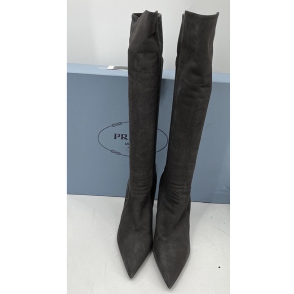Prada Gray Suede Slip-On Pointed Toe Knee-High Stiletto Boot sz 39.5 - Picture 1 of 6